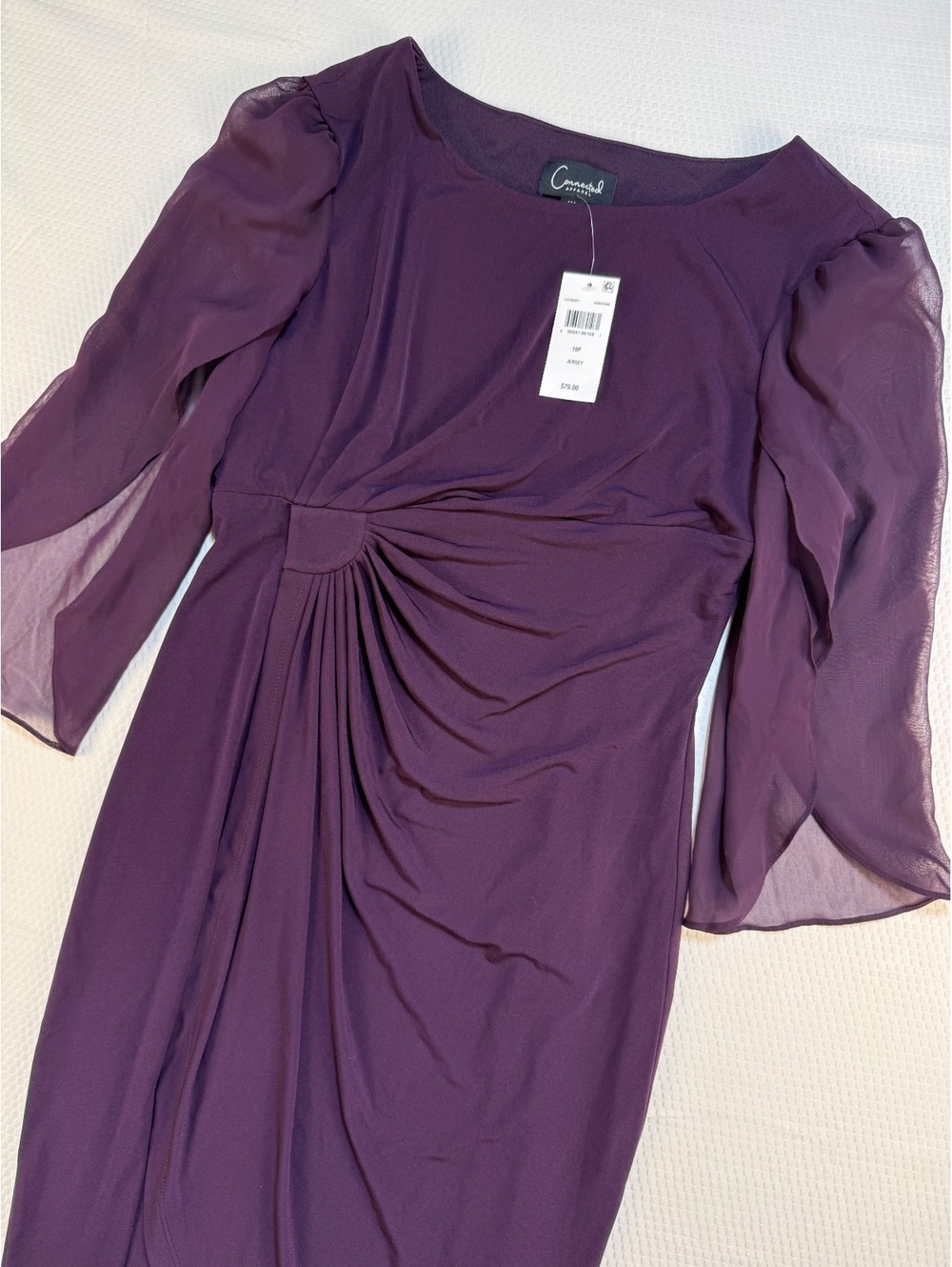 Connected Apparel 10P Aubergine Ruched Sheath Dress Bell Sleeve New Cocktail